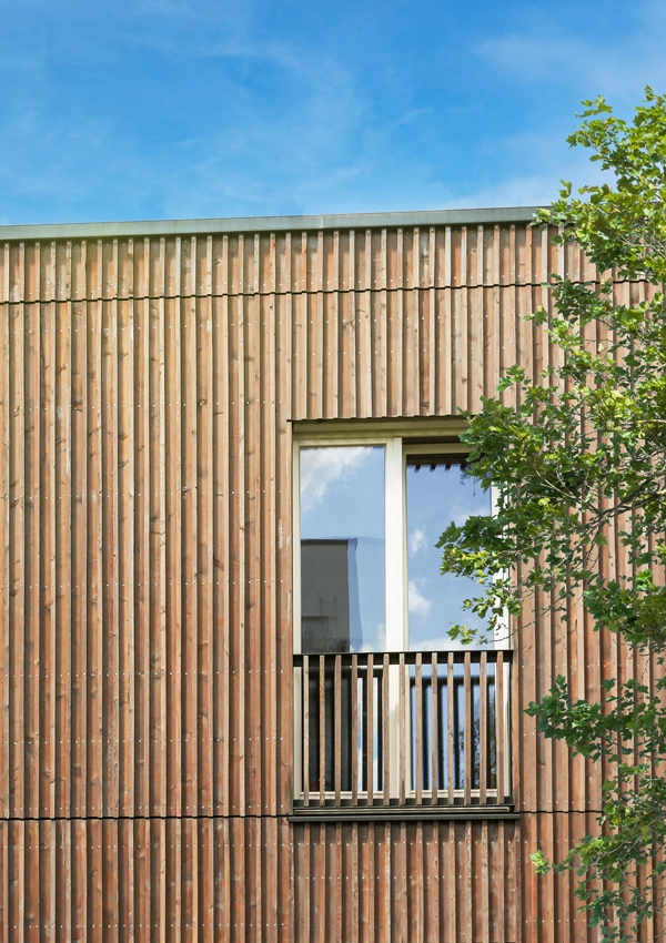 Nachhaltiger Bau aus Holz mit grünen Bäumen