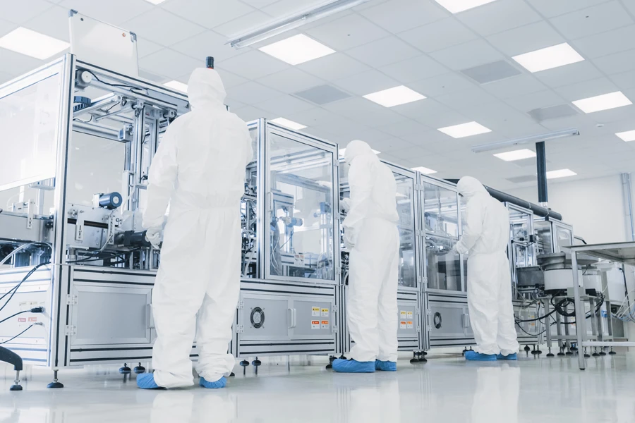 Drei Menschen in weißen Anzuegen im Labor